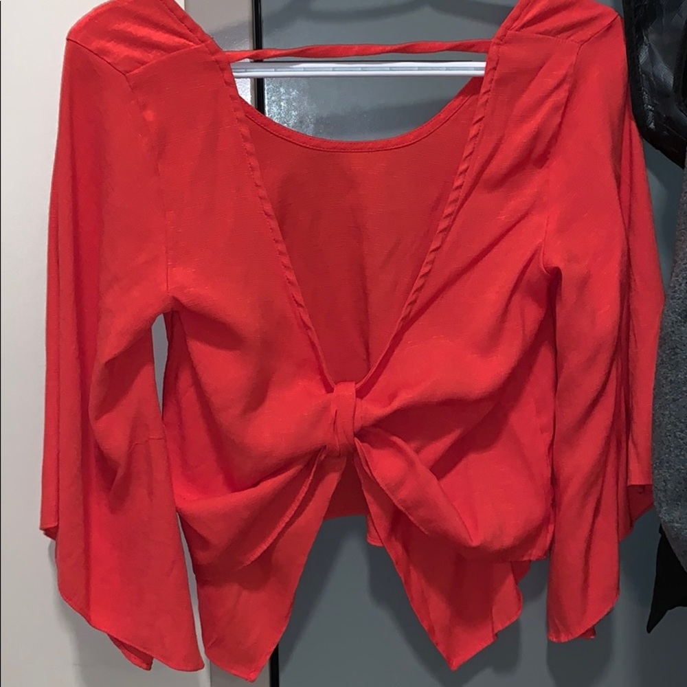 Red Blouse With Open Back And Flow Sleeves - image 2